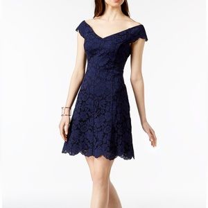 Vince Camuto Off-The-Shoulder Lace Dress Scalloped Edges, Navy